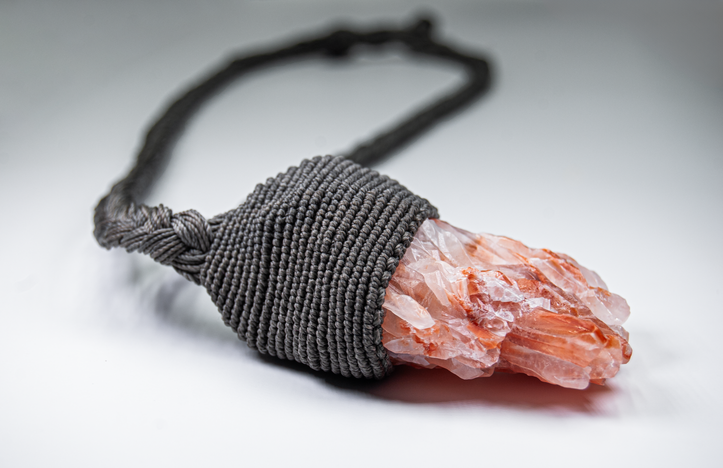 Raw Red Calcite Statement Necklace – Artisan Handmade Macramé Pendant