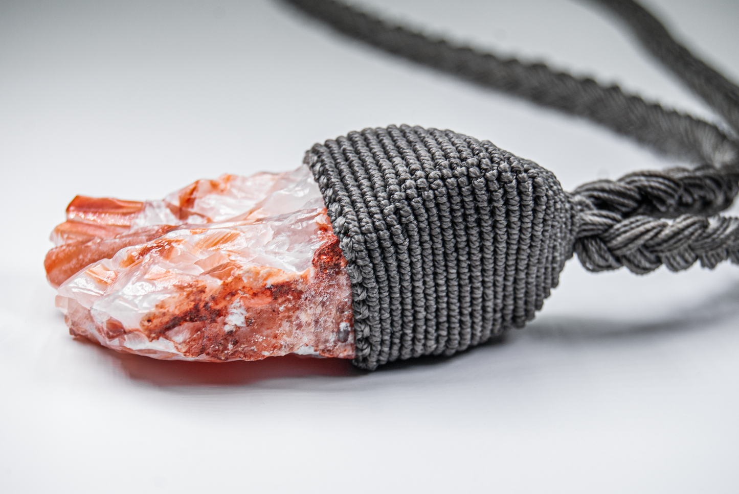 Raw Red Calcite Statement Necklace – Artisan Handmade Macramé Pendant